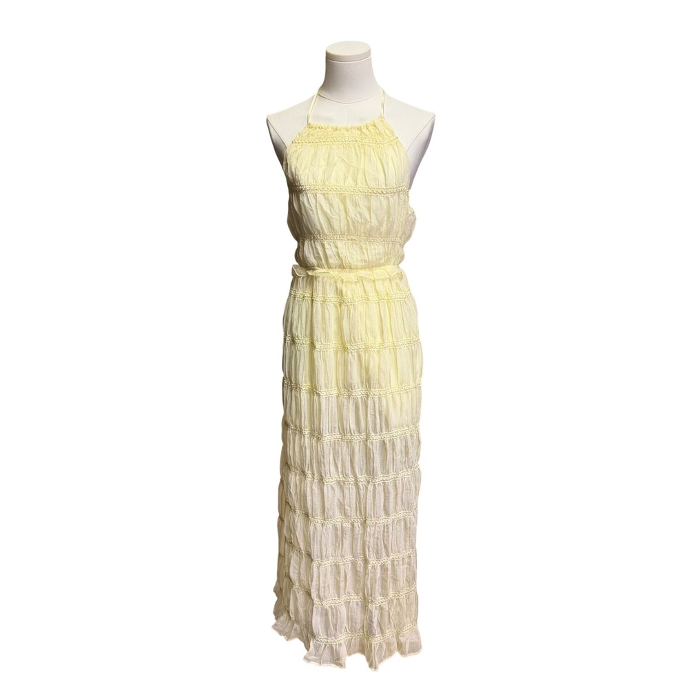 Sincerely Jules Womens Yellow Halter Maxi Dress Tiered Sequin Open Back Size L